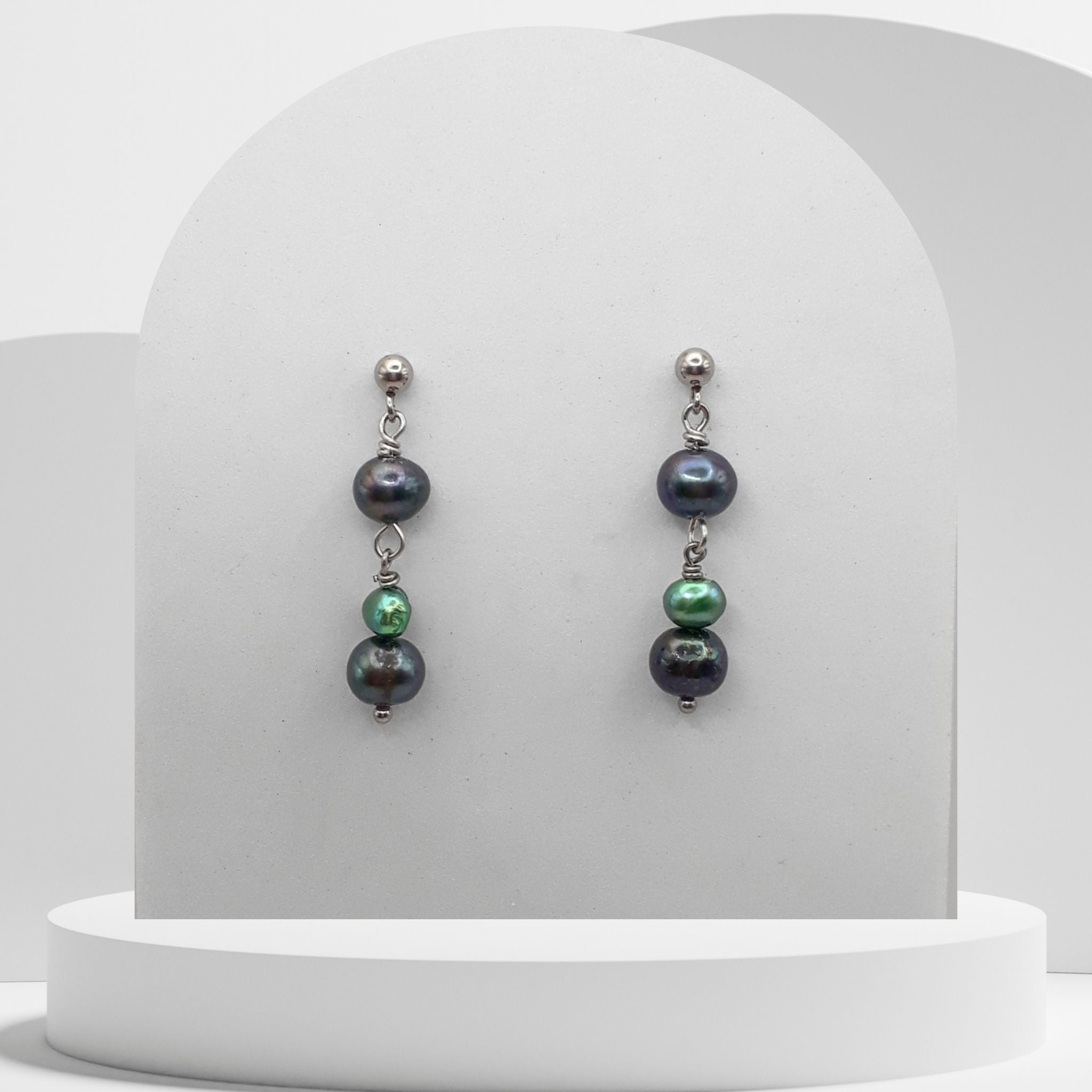 Handmade green freshwater pearl trio drop earrings with stainless steel ball studs