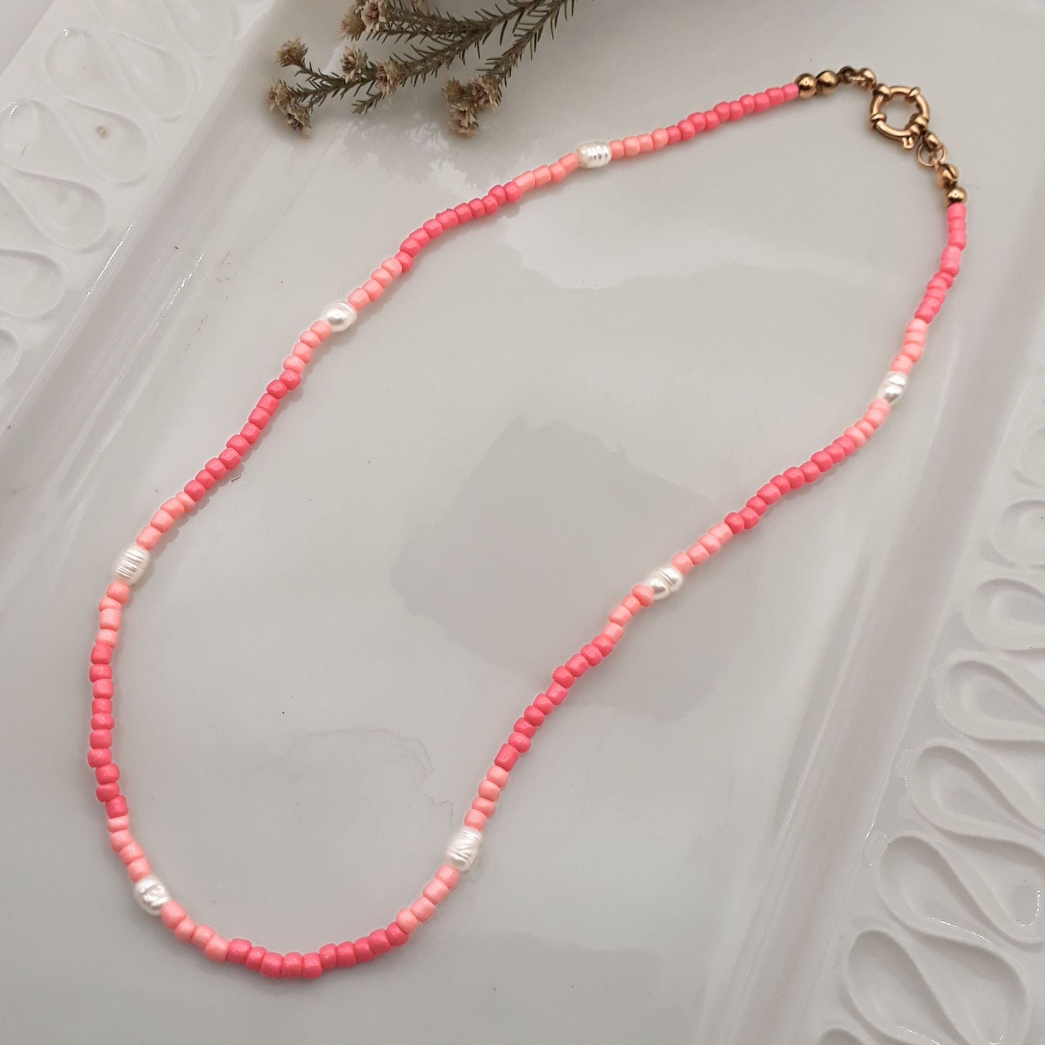 Handmade 40cm pink freshwater pearl and glass bead necklace - Kiooinsitu