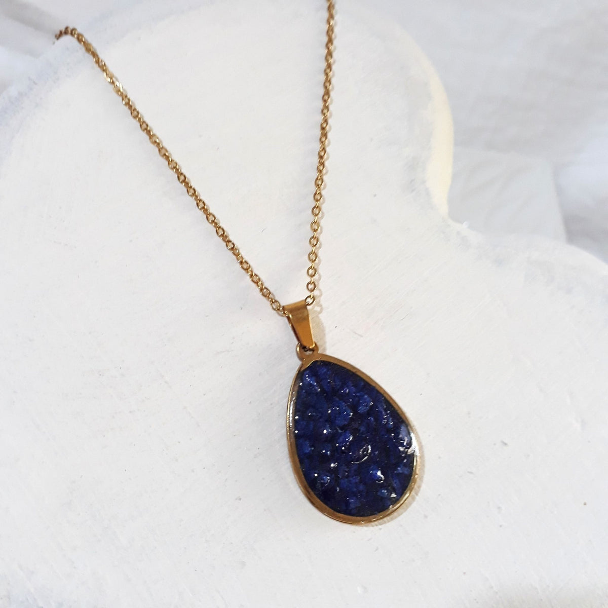 Blue Granite Teardrop Pendant Necklace Gold-Plated Stainless Steel