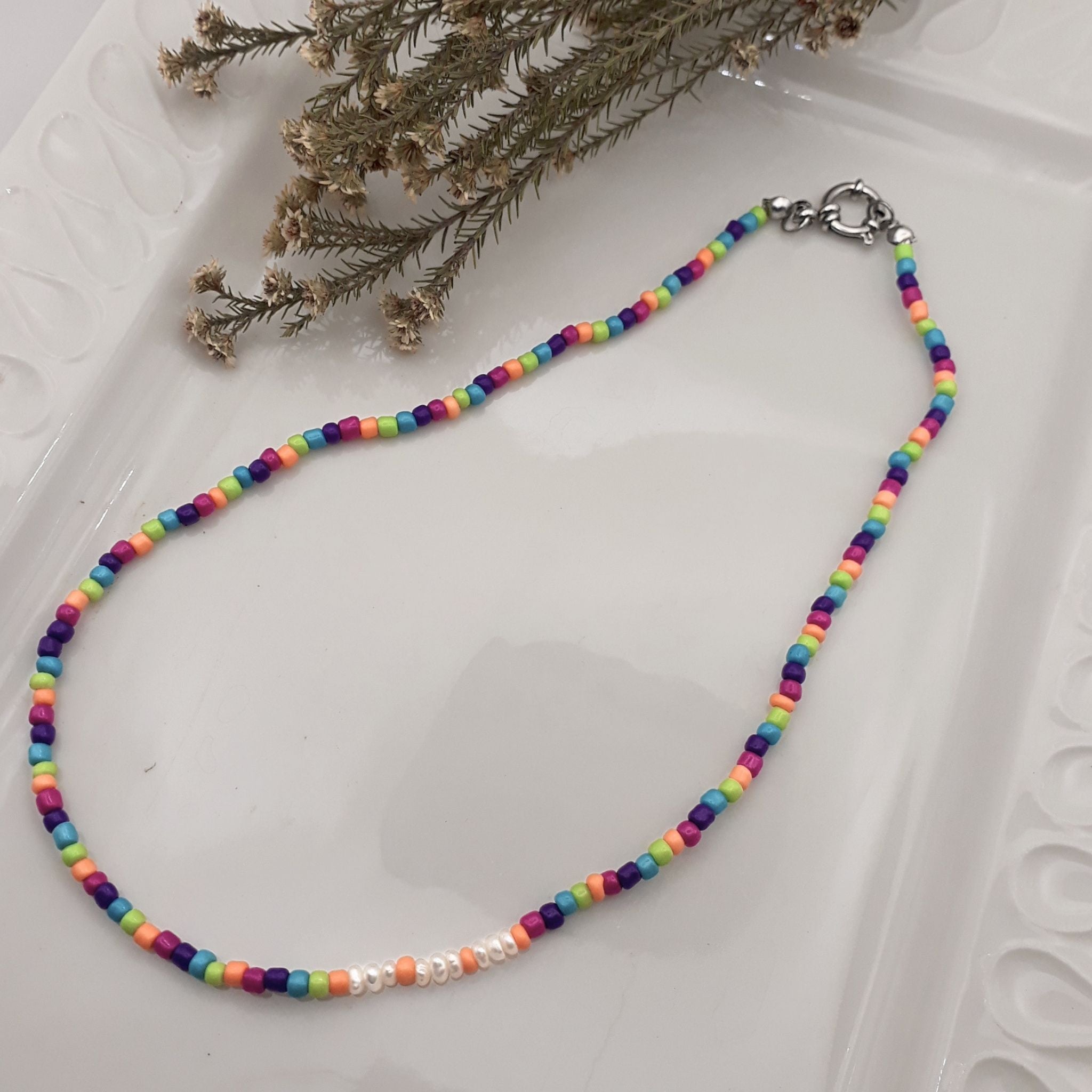 Handmade colourful freshwater pearl and glass bead necklace - Kiooinsitu