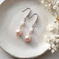 Handmade freshwater pearl drop earrings with white and soft pink pearls on 304 stainless steel hooks
