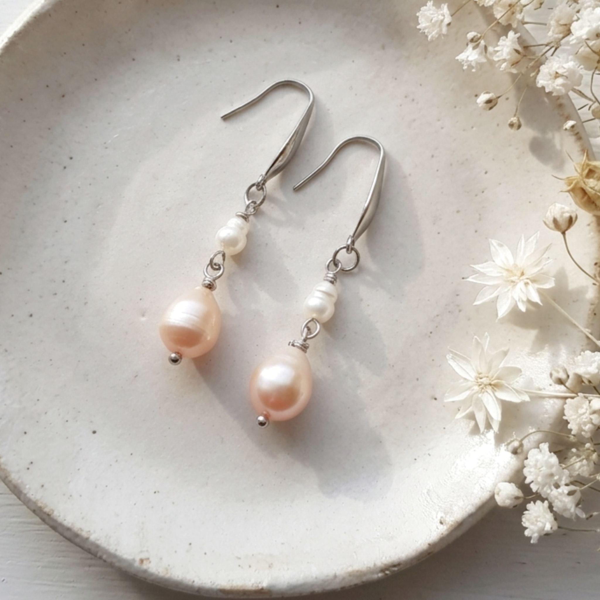 Handmade freshwater pearl drop earrings with white and soft pink pearls on 304 stainless steel hooks