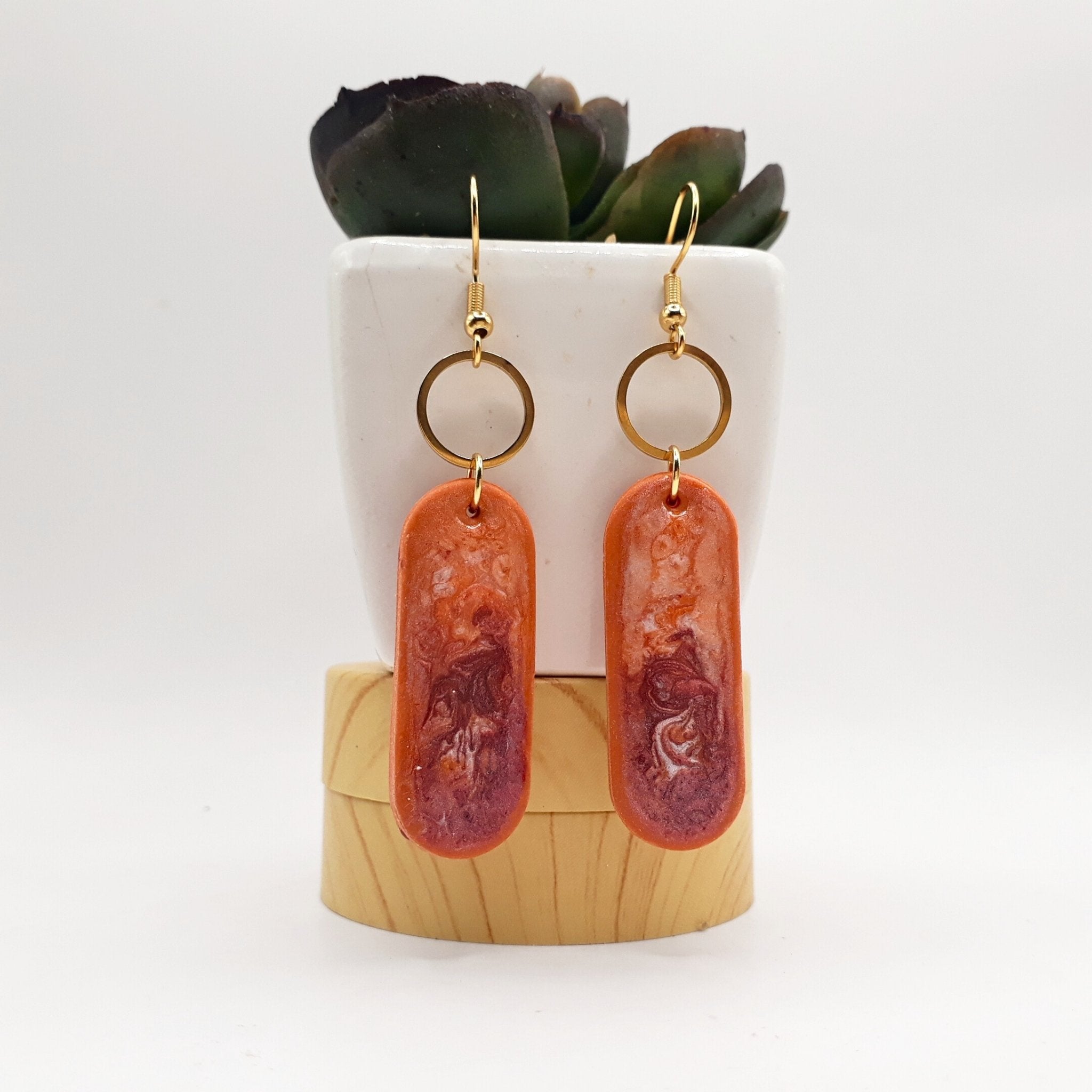 Orange Marbled Clay Gold Earrings