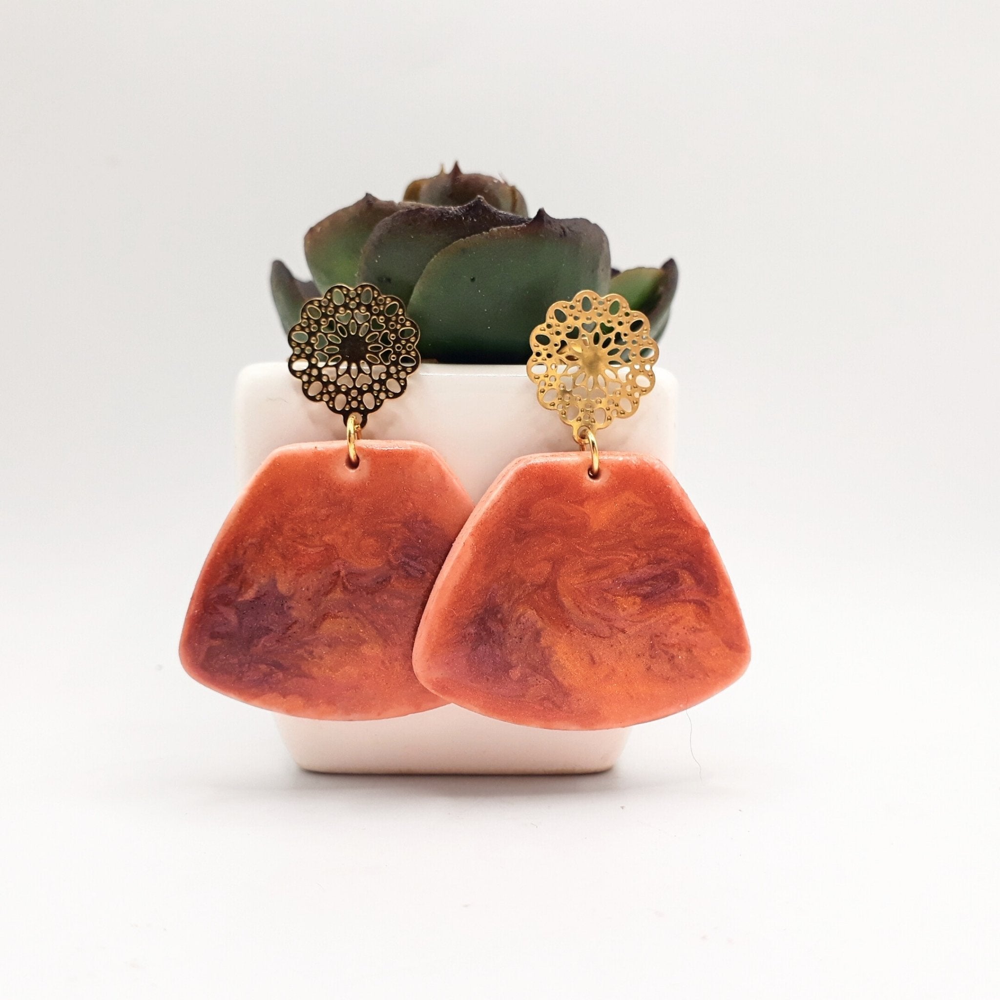 Orange Marbled Clay Gold Earrings