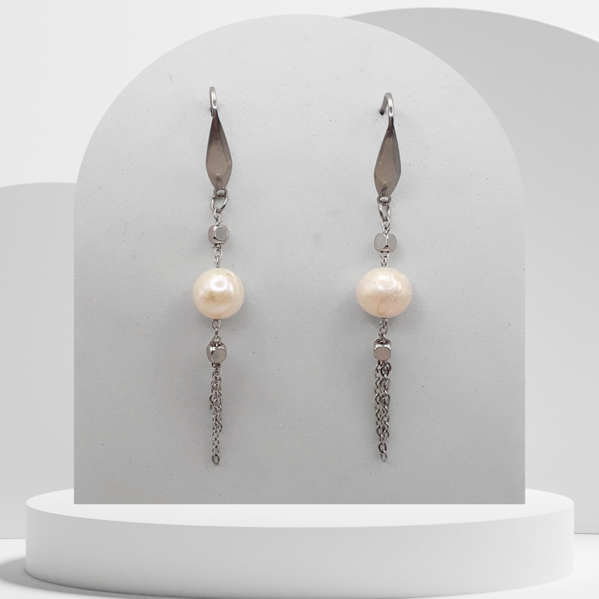 Handmade white freshwater pearl tassel earrings with stainless steel chains and elegant hook