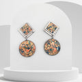 Handmade stainless steel drop earrings with crushed Imperial Pine stone and rhombus ear studs