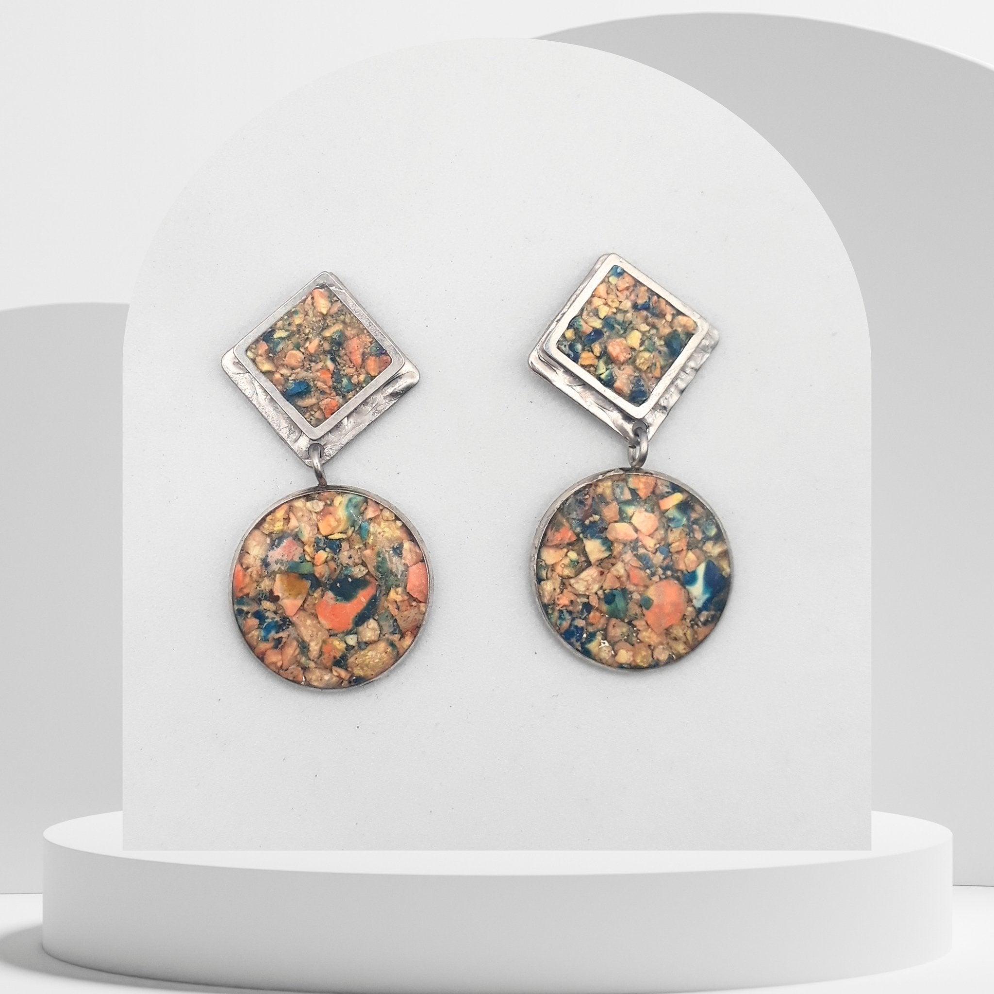 Handmade stainless steel drop earrings with crushed Imperial Pine stone and rhombus ear studs