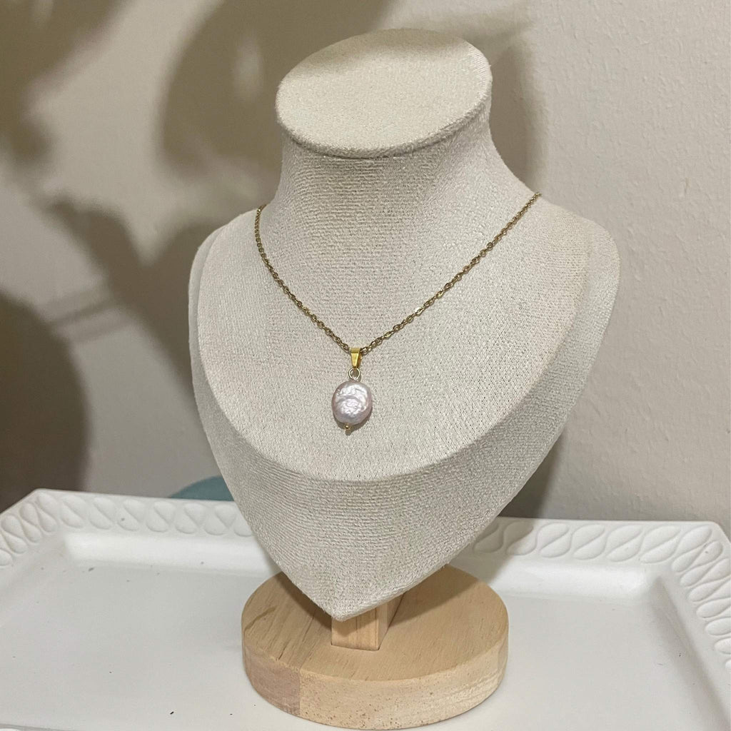 Handmade Pink Freshwater Coin Pearl Necklace on a Gold-Plated Stainless chain Steel