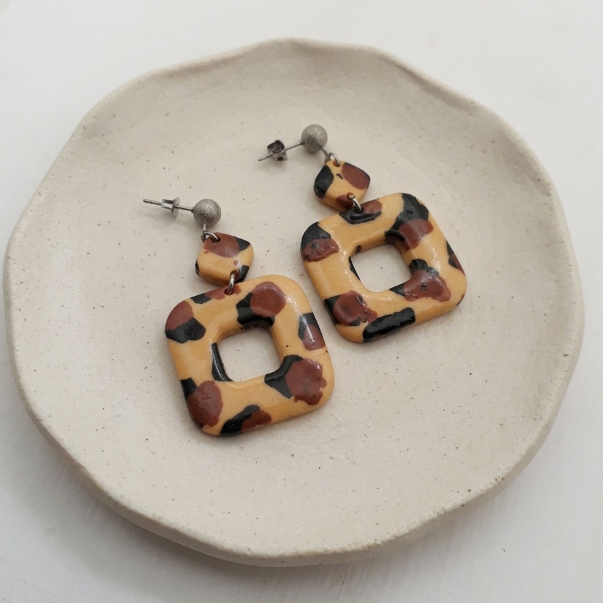Leopard print polymer clay statement earrings with 5mm stainless steel ball studs