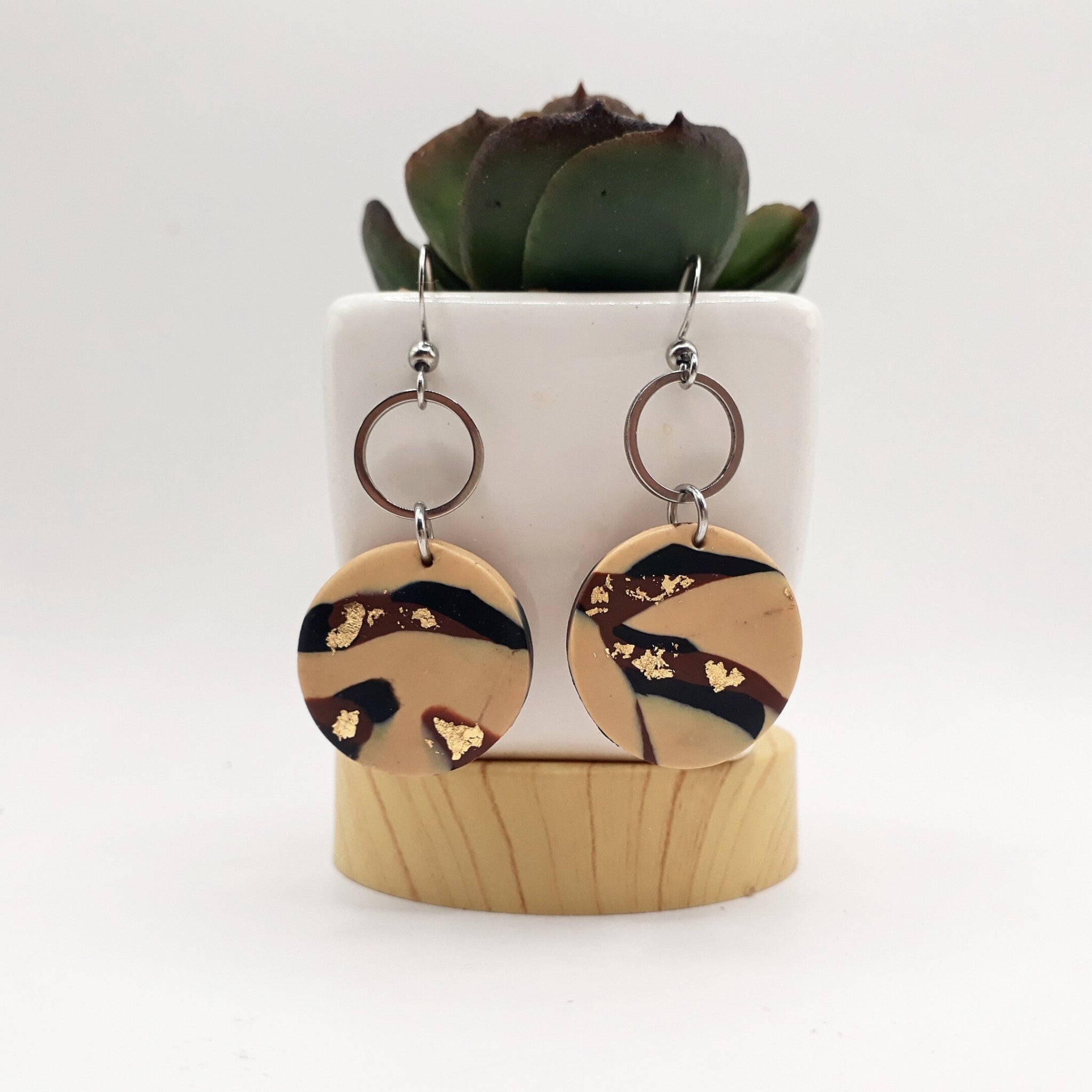 Beige Marbled Clay Dangle Earrings