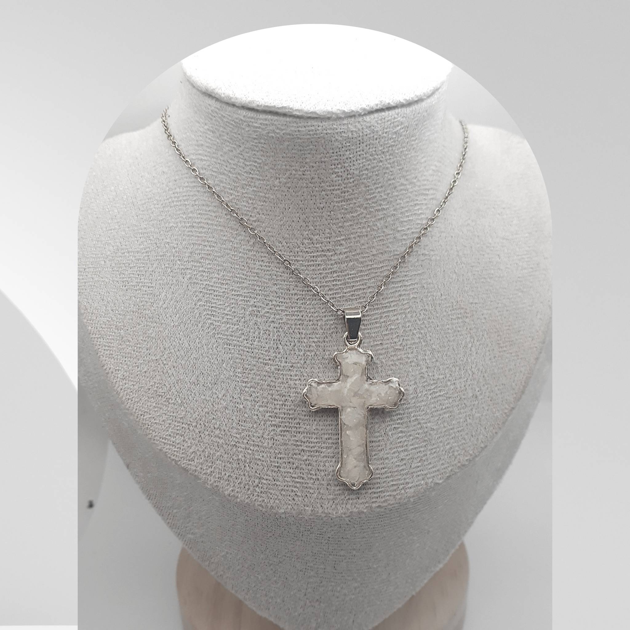 Handmade Moonstone cross necklace with crushed natural Moonstone and stainless steel chain