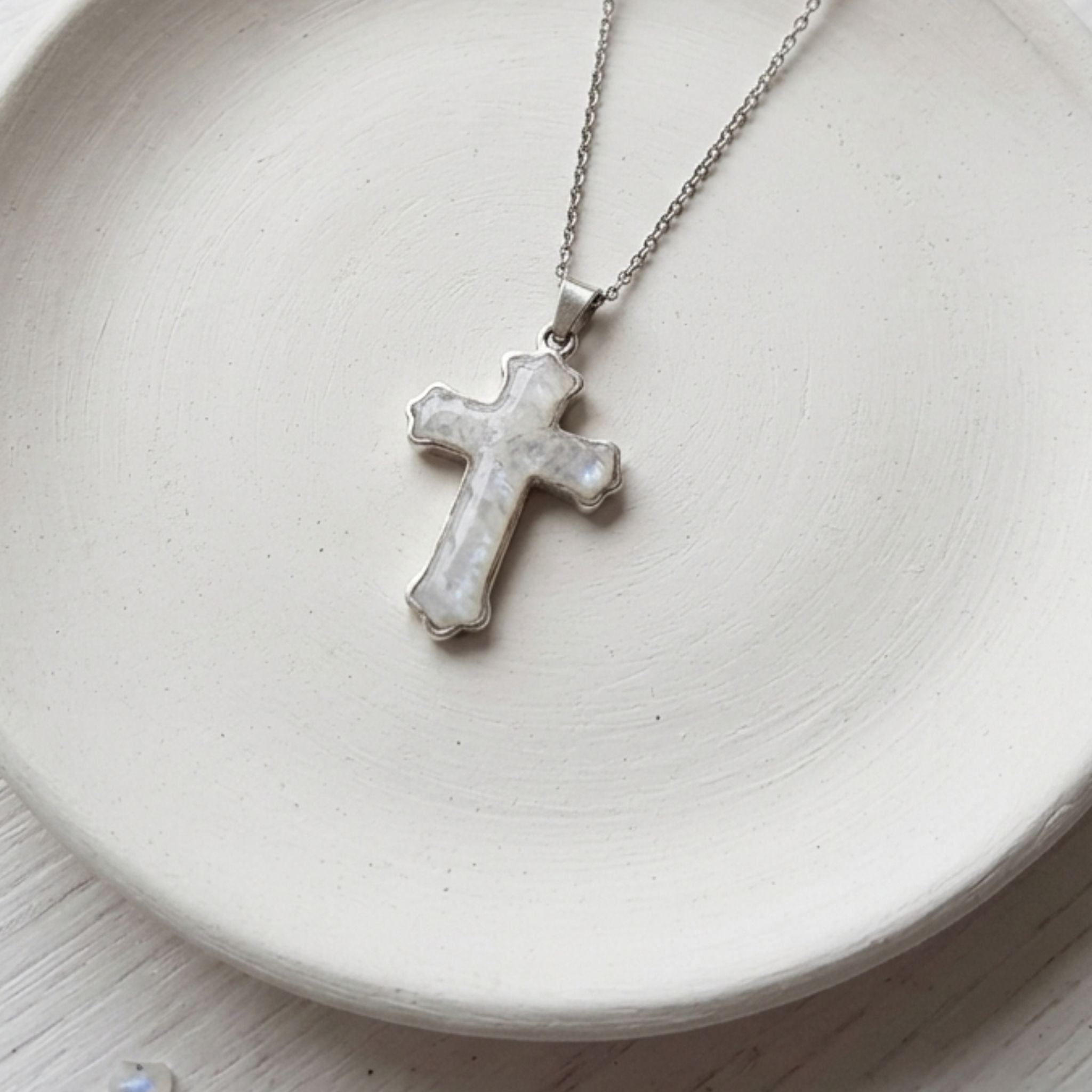 Handmade Moonstone cross necklace with crushed natural Moonstone and stainless steel chain