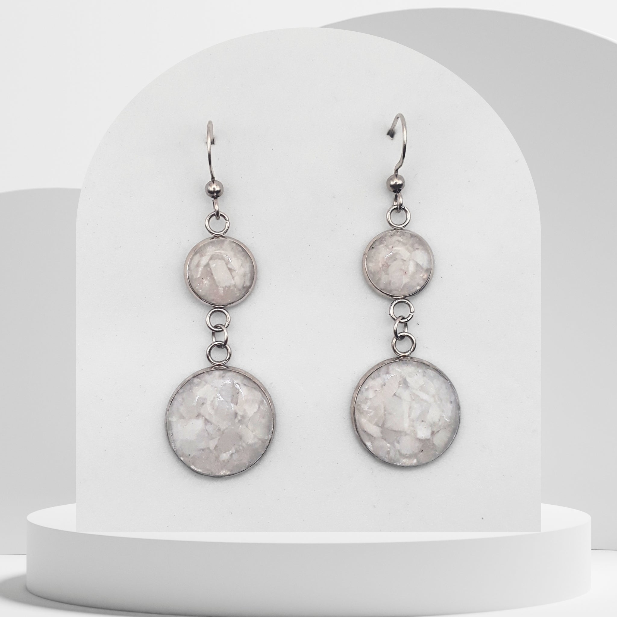 Handmade stainless steel Moonstone dangle earrings with double bezel design