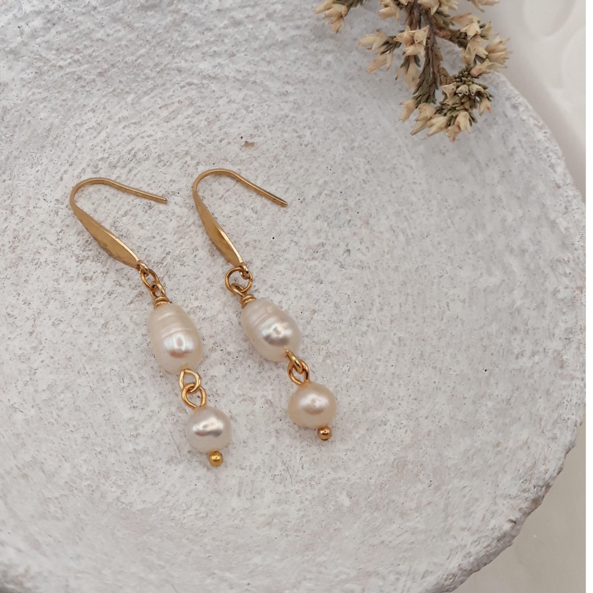 Natural white freshwater pearl dangle earrings with 316L gold plated stainless steel hooks