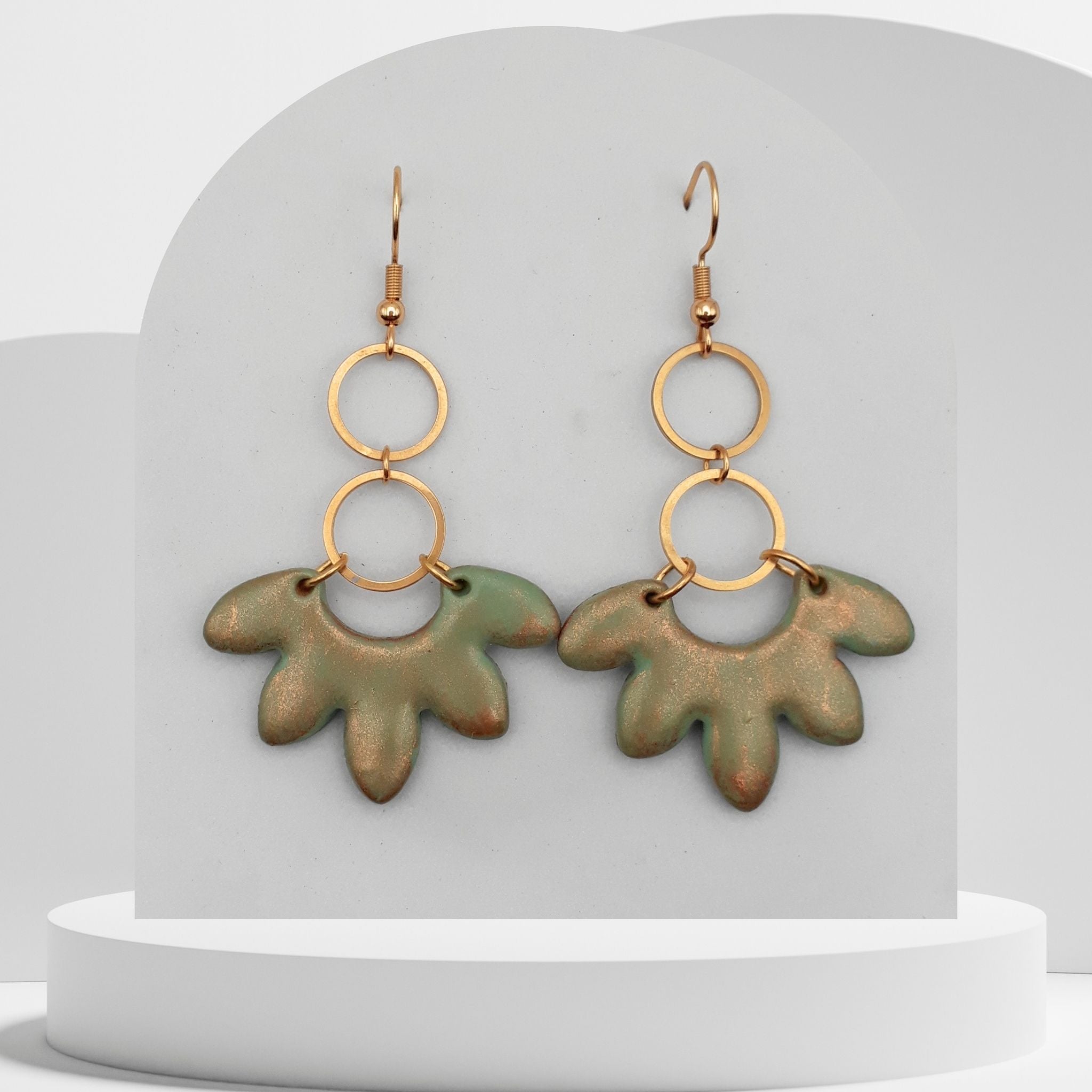 Olive green gold shimmer polymer clay half flower drop earrings with gold plated rings