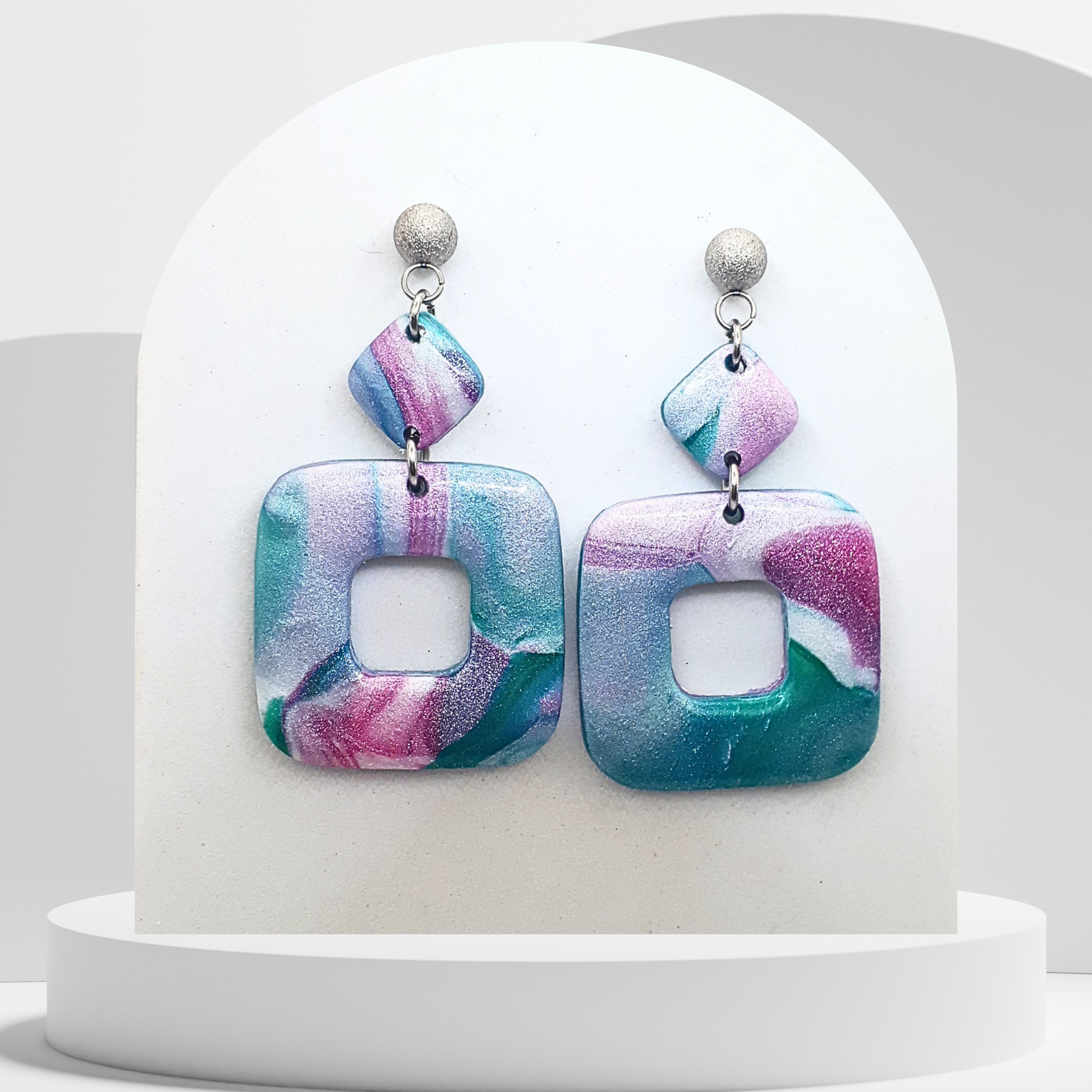 Handmade pastel geometric polymer clay dangle earrings with stainless steel ball studs