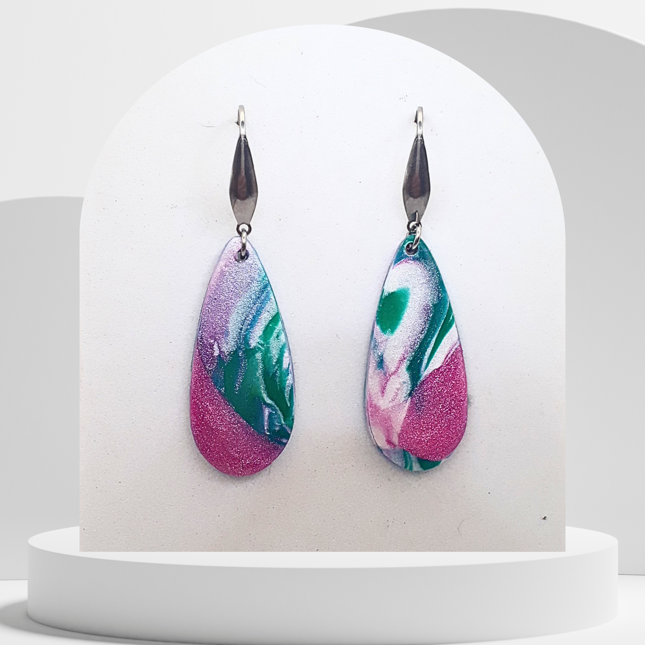 Handmade pastel teardrop polymer clay earrings with stainless steel ear hooks