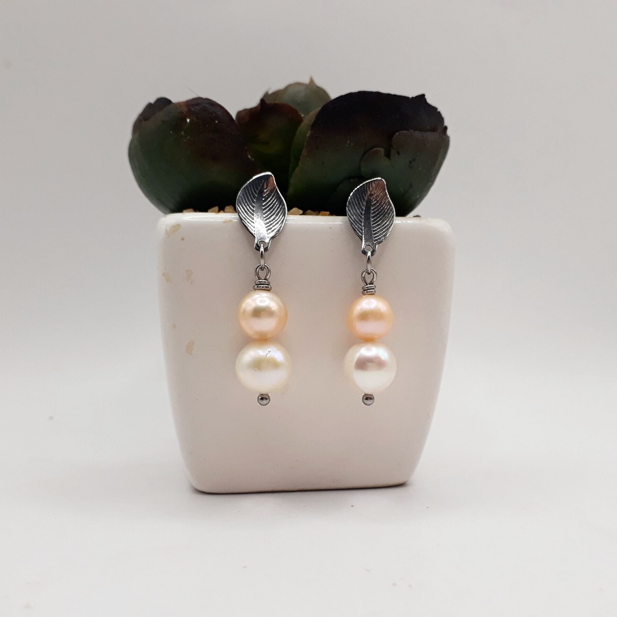Peach White Pearl Drop Earrings