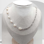 Handmade stainless steel necklace with paperclip cable chain and white freshwater pearls