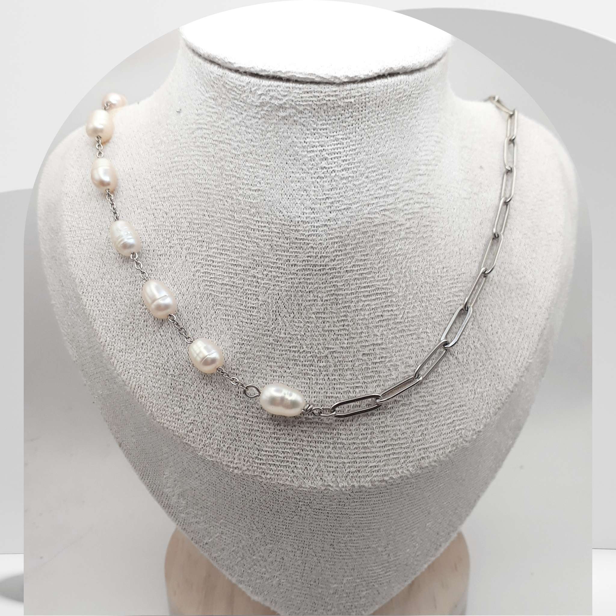 Handmade stainless steel necklace with paperclip cable chain and white freshwater pearls