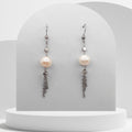 White freshwater pearl tassel dangle earrings with stainless steel chain fringe