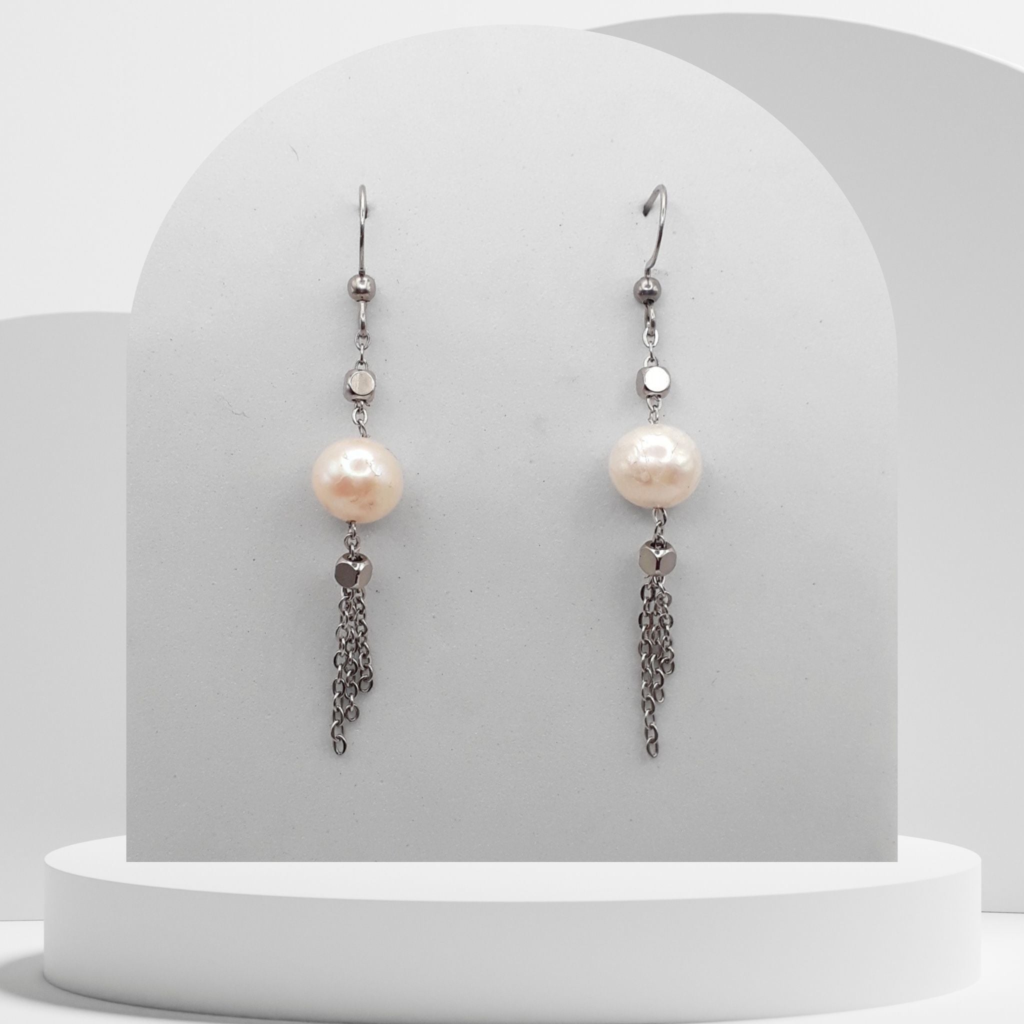 White freshwater pearl tassel dangle earrings with stainless steel chain fringe