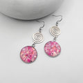 Pink agate circle drop earrings with stainless steel hooks