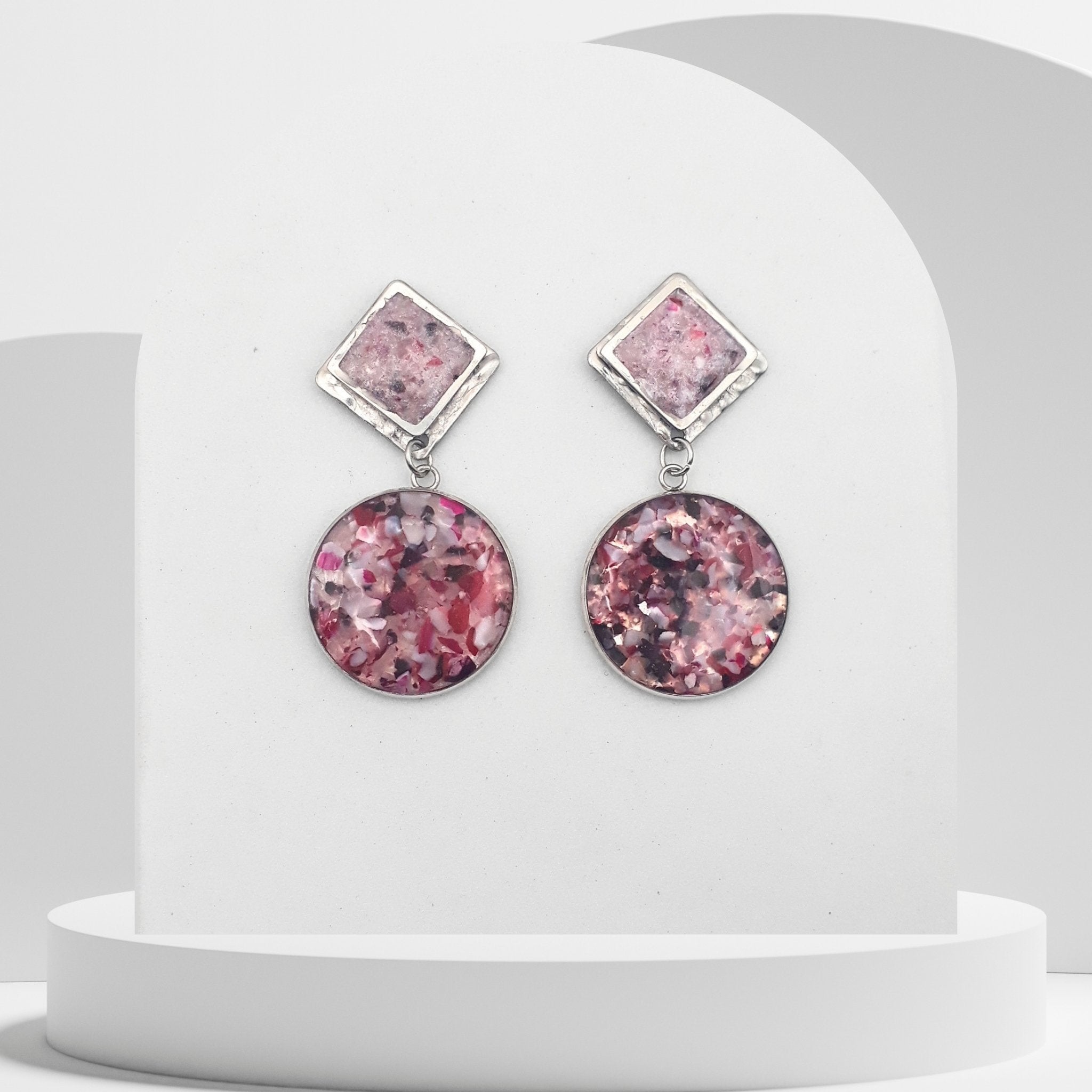 Handmade stainless steel drop earrings with crushed Pink Agate and rhombus ear studs