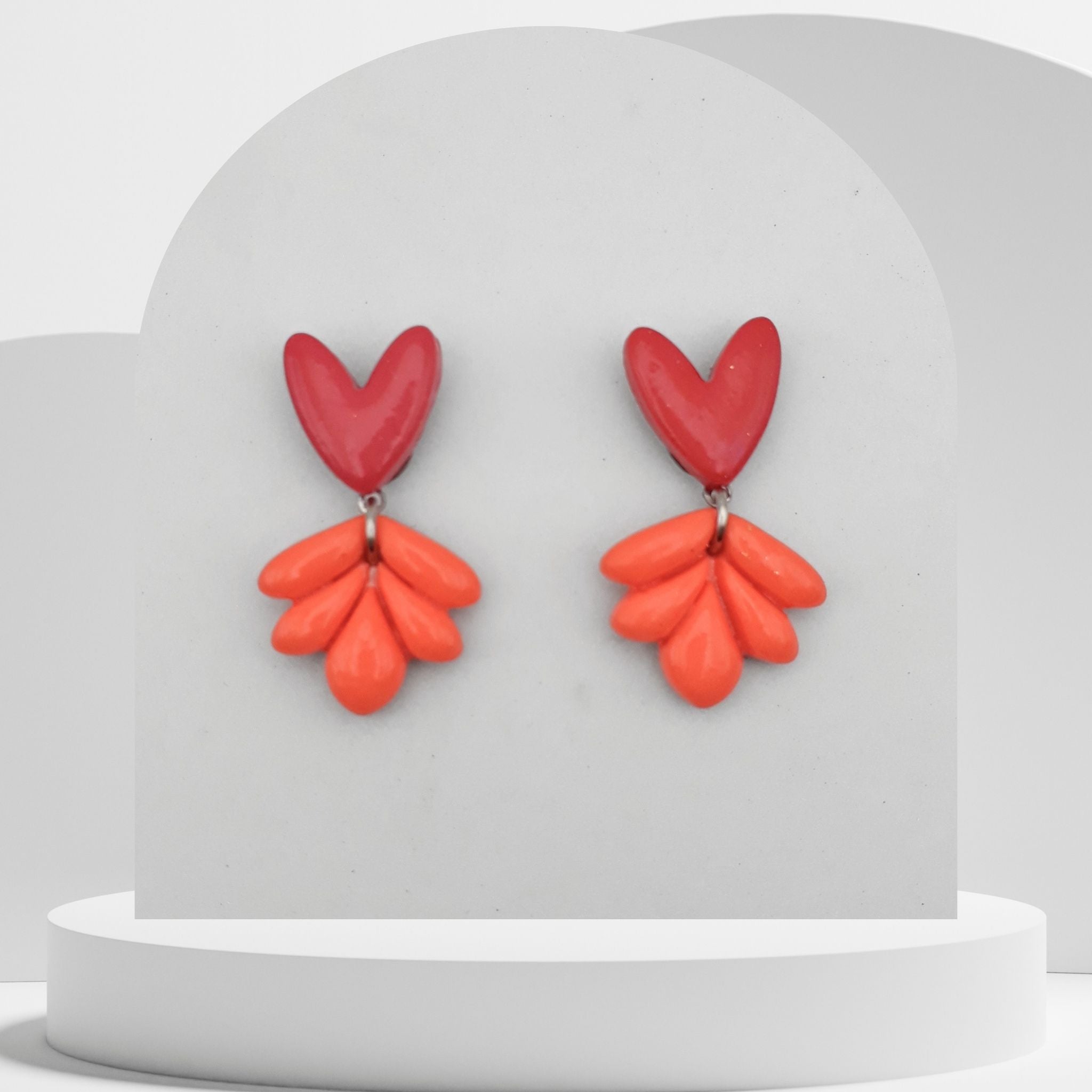 Dark pink heart stud with orange leaf polymer clay drop earrings