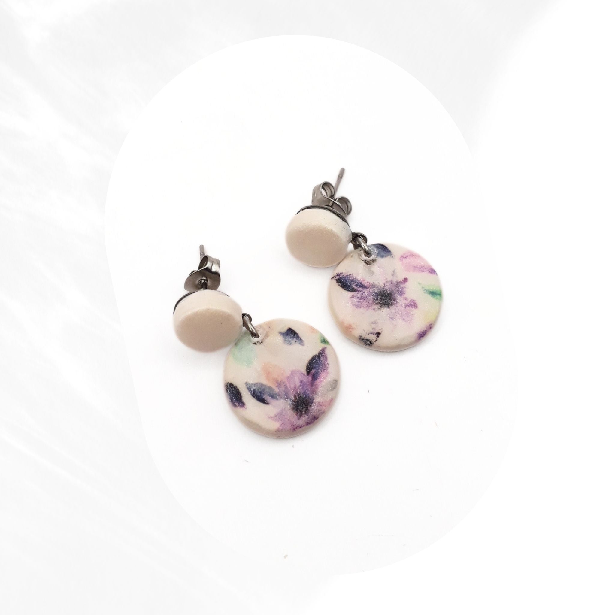 Purple Floral Clay Stud Drop Earrings