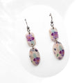 Purple floral polymer clay drop earrings sealed with glossy resin finish, lightweight handmade earrings with stainless steel hooks