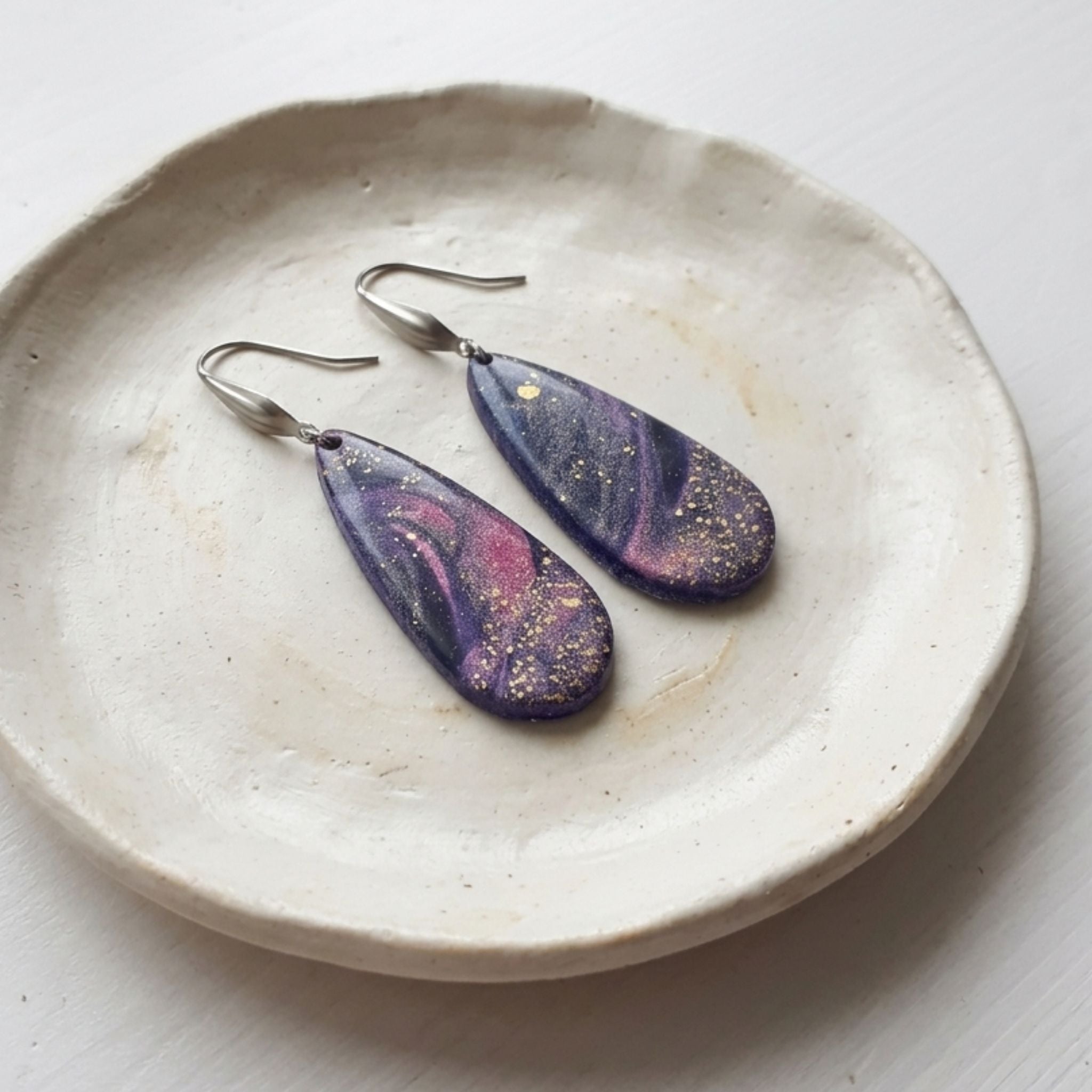 Purple galaxy-inspired polymer clay teardrop earrings with stainless steel elegant ear hooks
