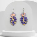 Purple heart stud with purple and yellow monstera leaf polymer clay drop earrings