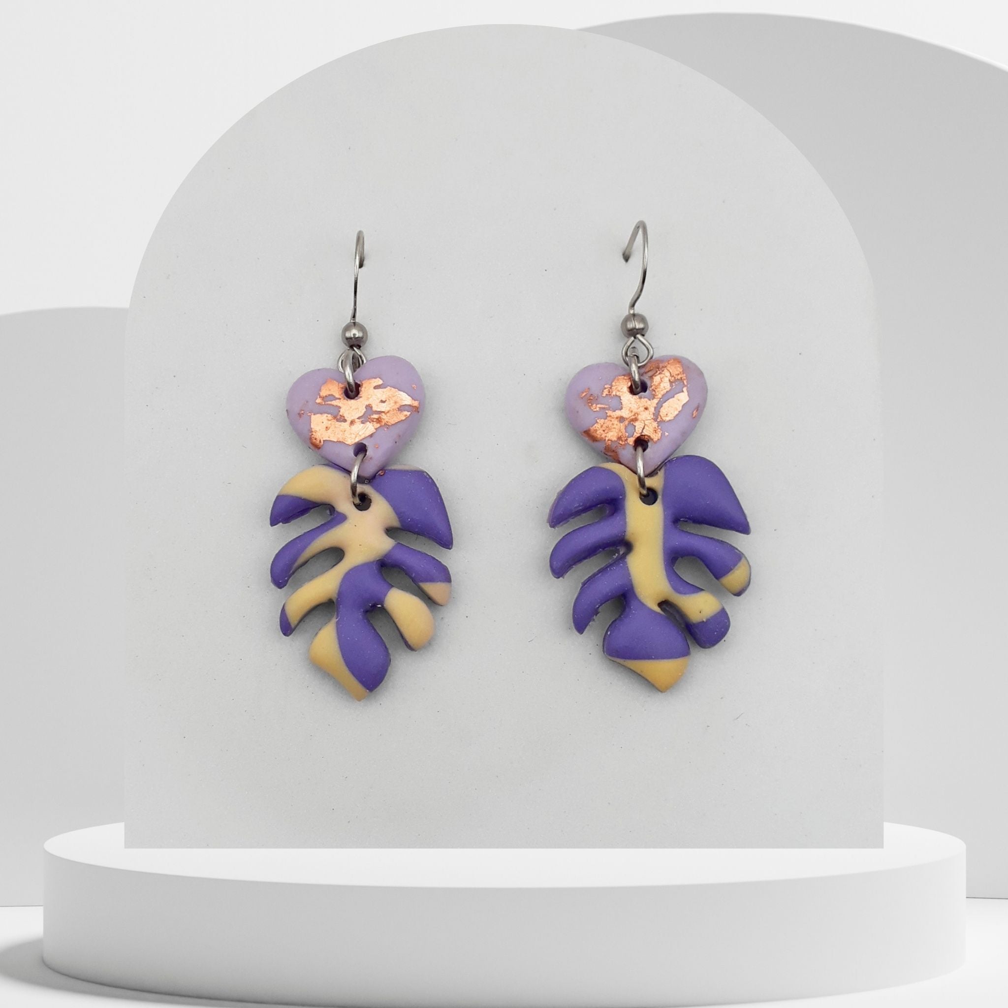 Purple heart stud with purple and yellow monstera leaf polymer clay drop earrings