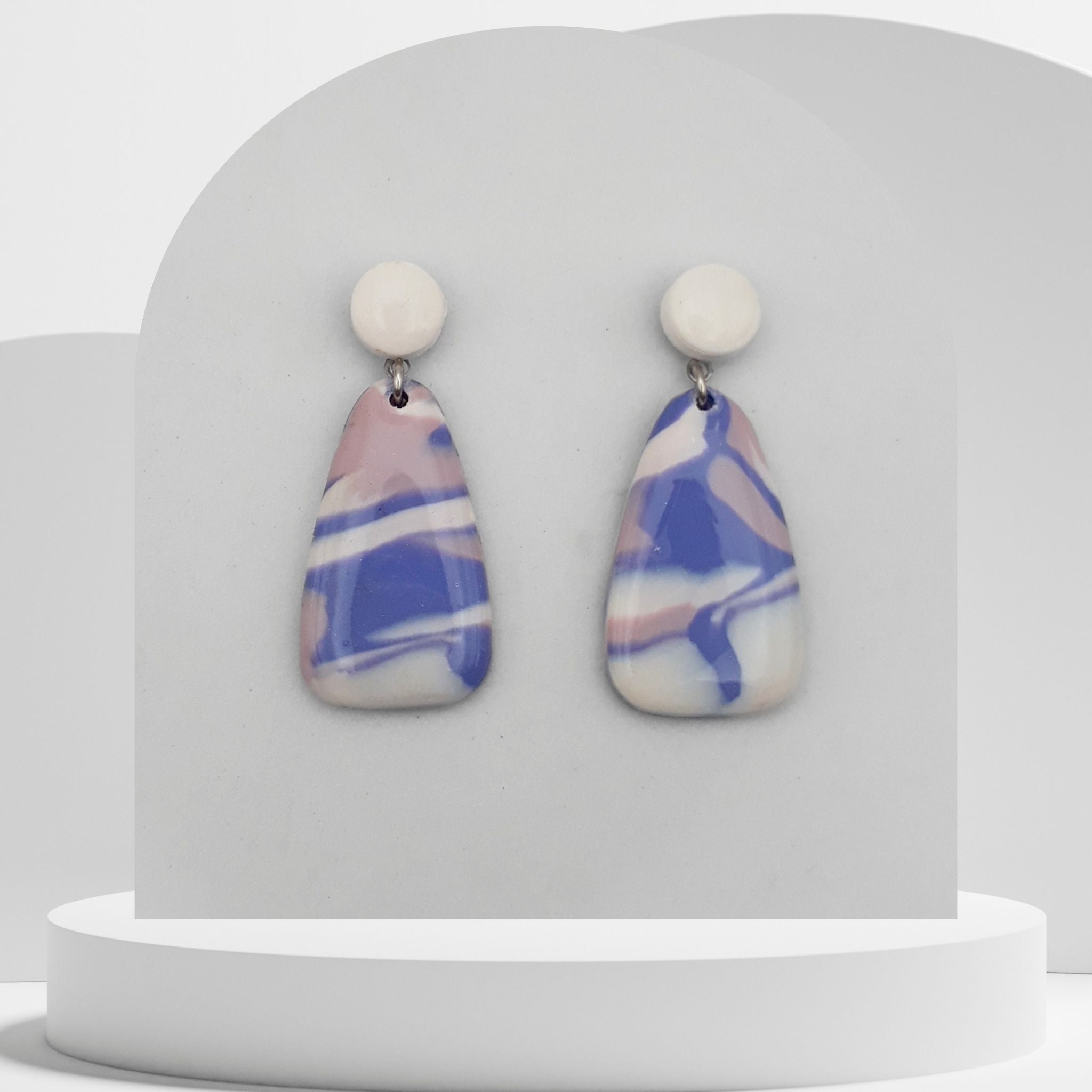 White marble stud with purple marble polymer clay drop earrings