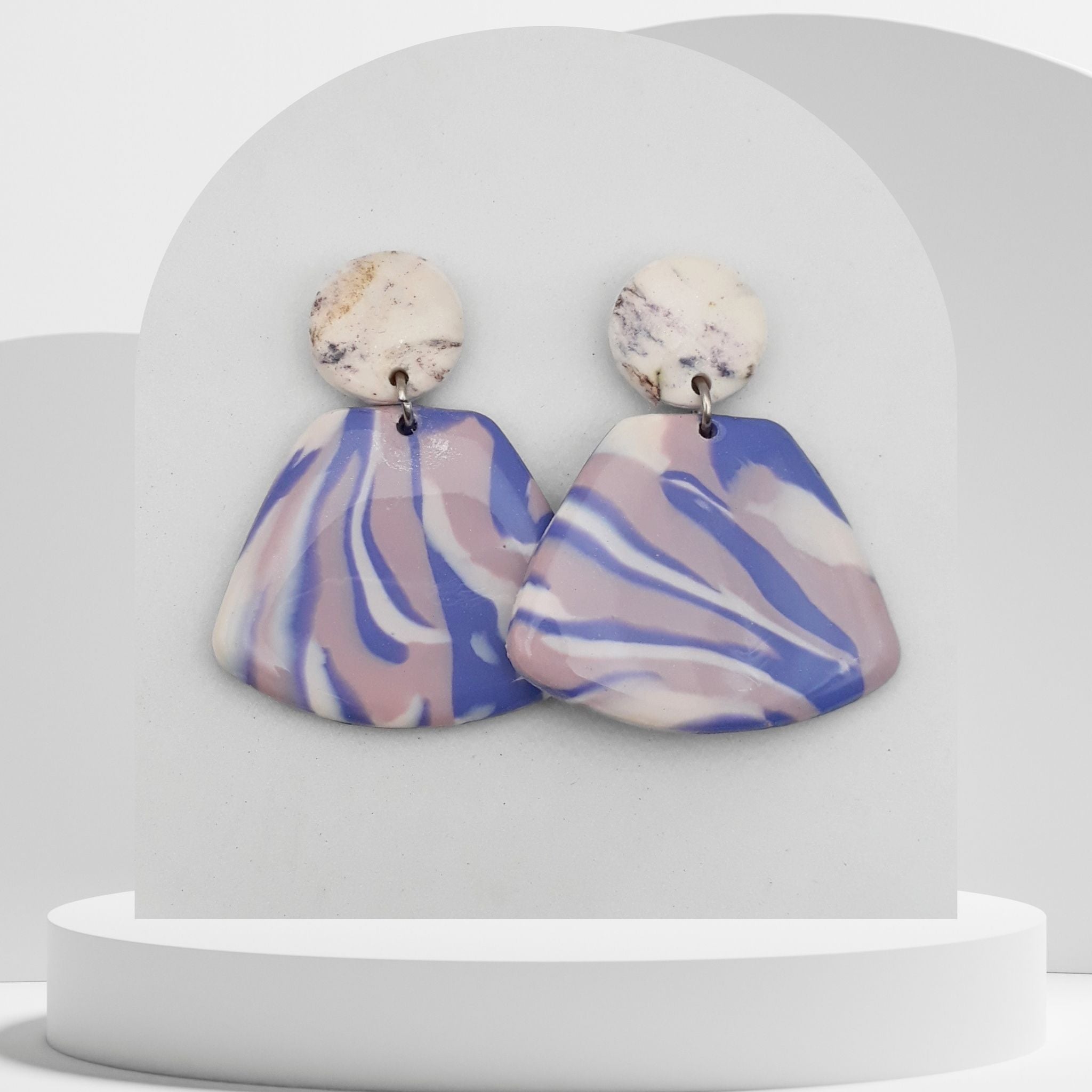 White marble stud with purple marble triangle polymer clay drop earrings