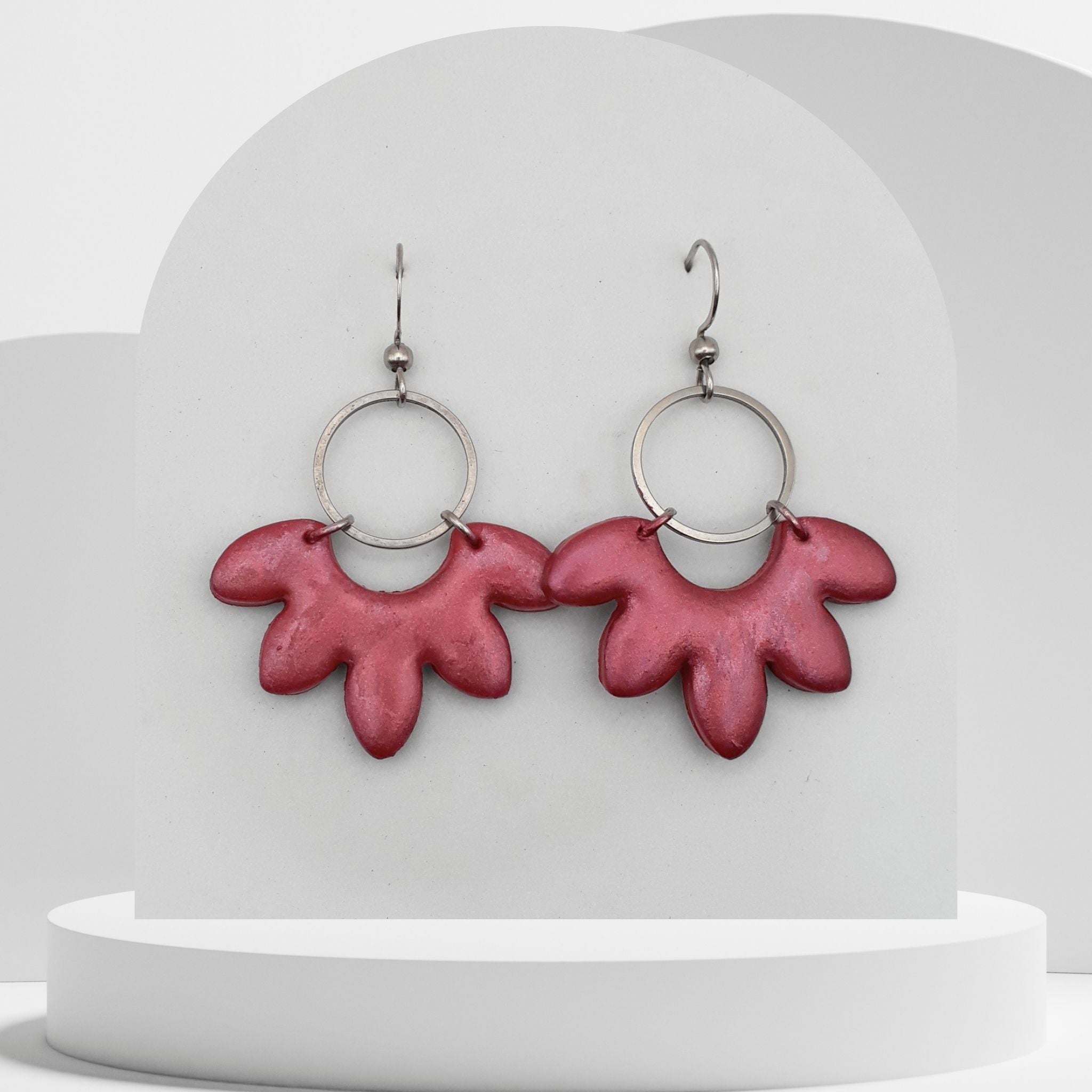Purple maroon shimmer polymer clay half flower earrings with stainless steel hooks