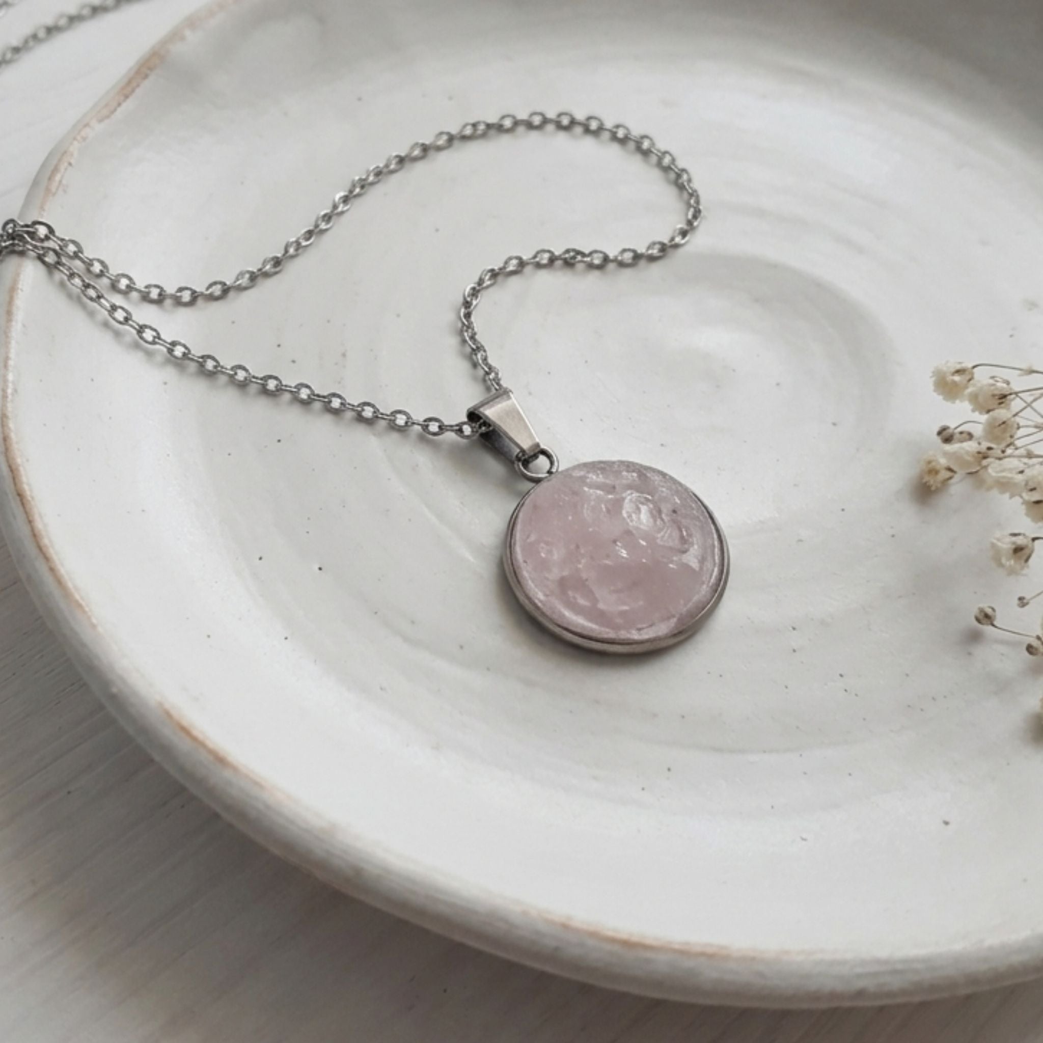 Handmade stainless steel necklace with 18mm dome rose quartz resin pendant
