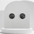 Stainless steel stud earrings with 14mm bezel set crushed snowflake obsidian and gold leaf sealed in glass-like resin