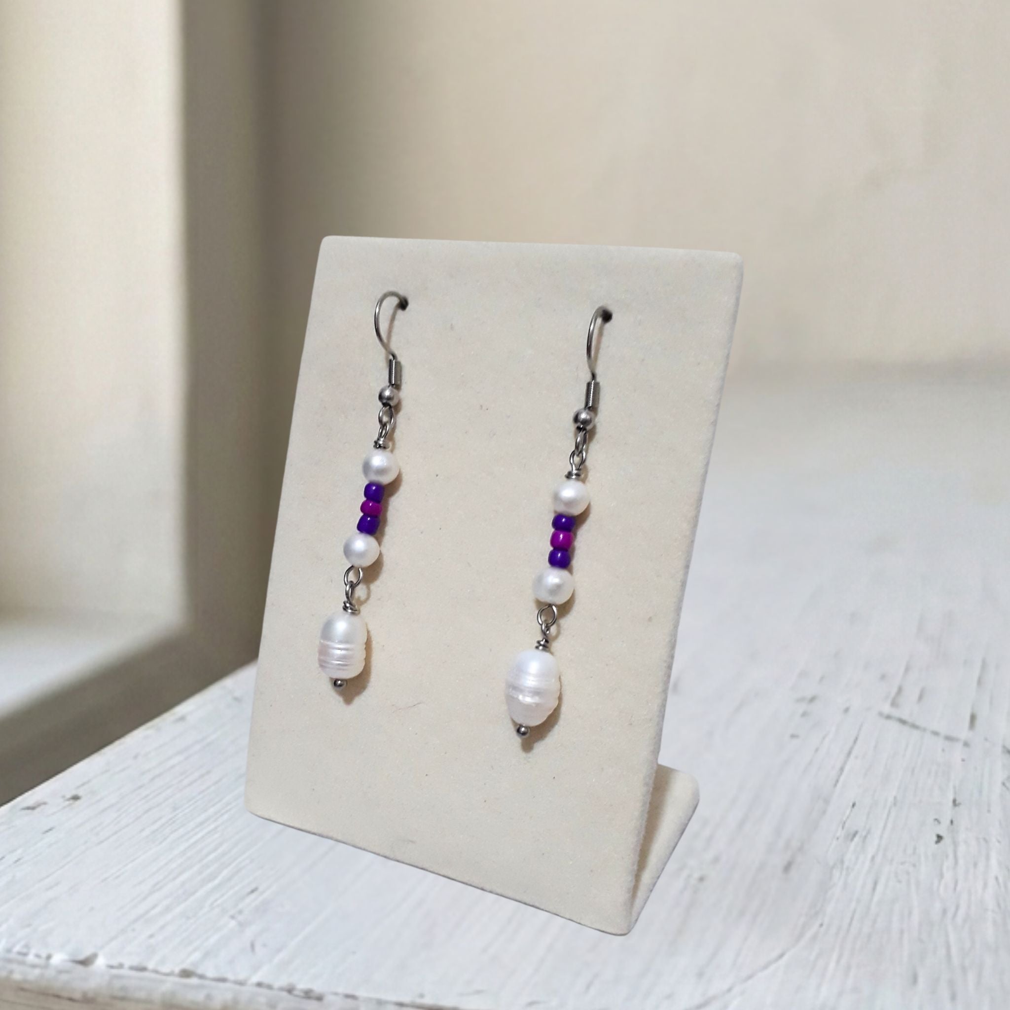 tainless steel freshwater pearl purple glass bead dangle earrings - Kiooinsitu