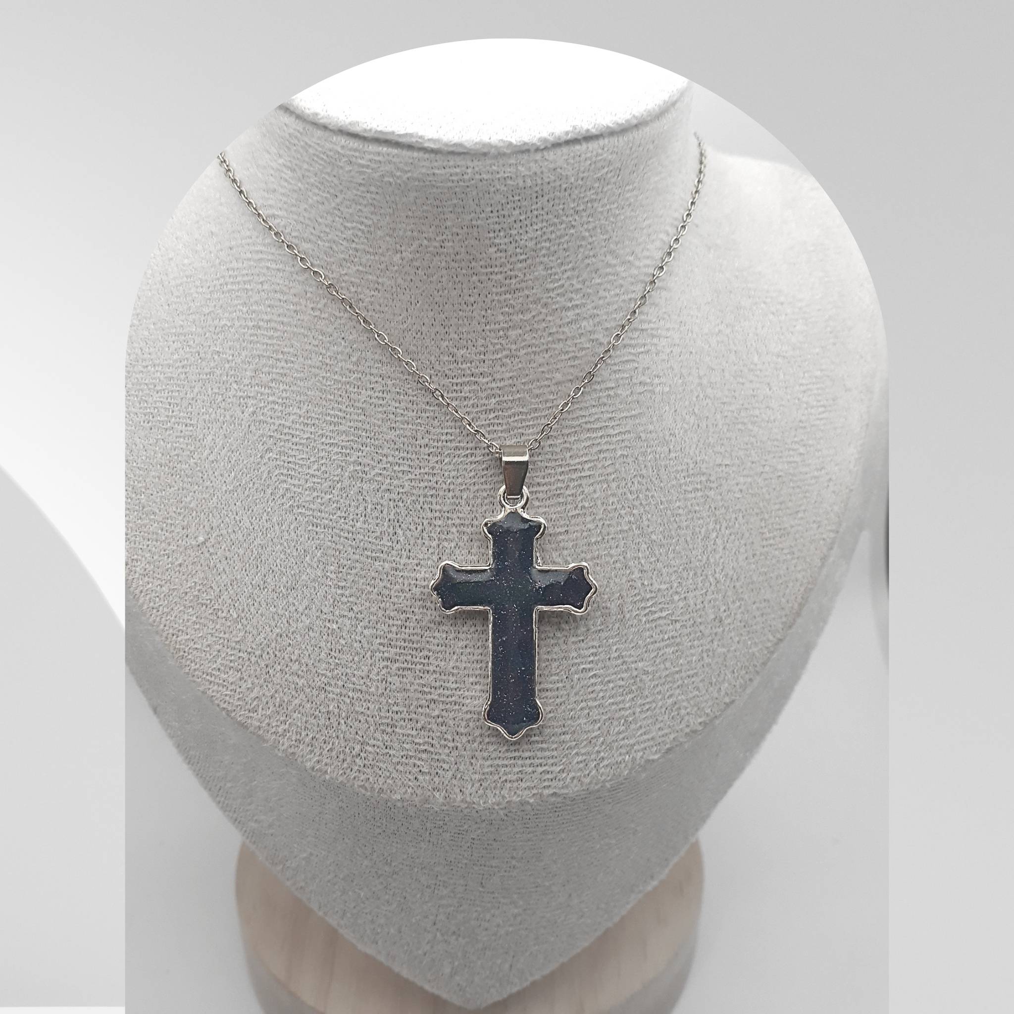 Handmade Starstone cross necklace with crushed natural Starstone and stainless steel chain
