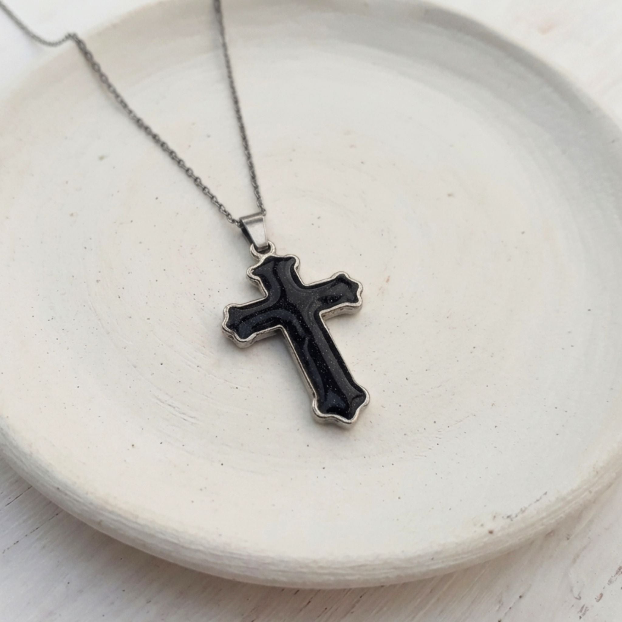 Handmade Starstone cross necklace with crushed natural Starstone and stainless steel chain