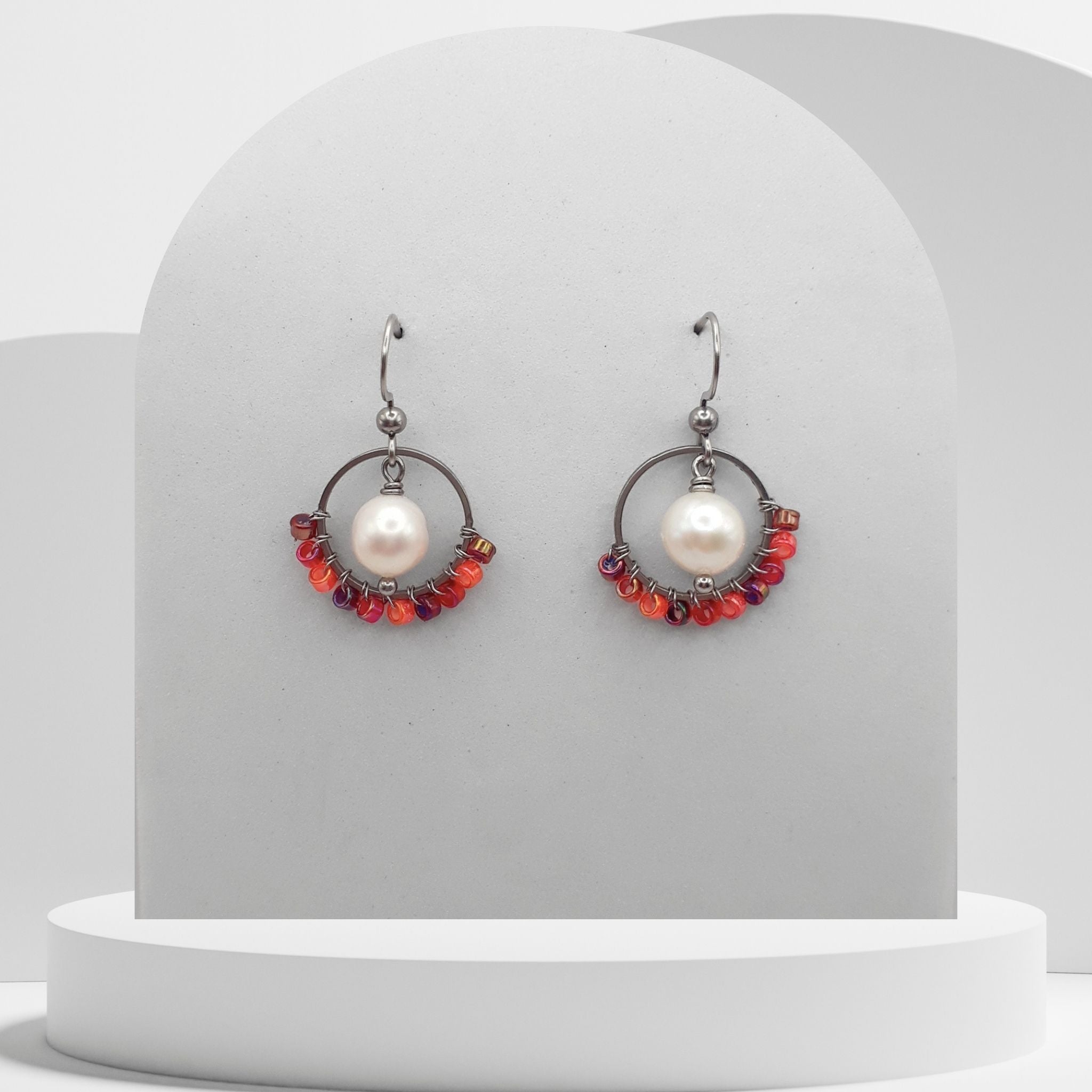 Sunset Beaded Circle Pearl Drop Earrings