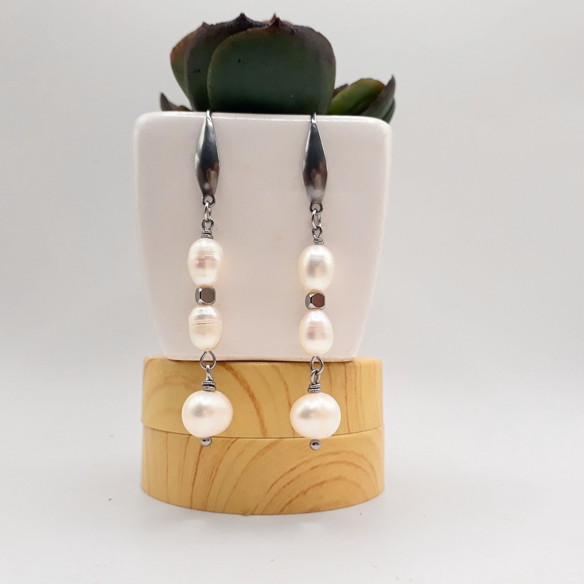 Three Pearl Stainless Steel Earrings