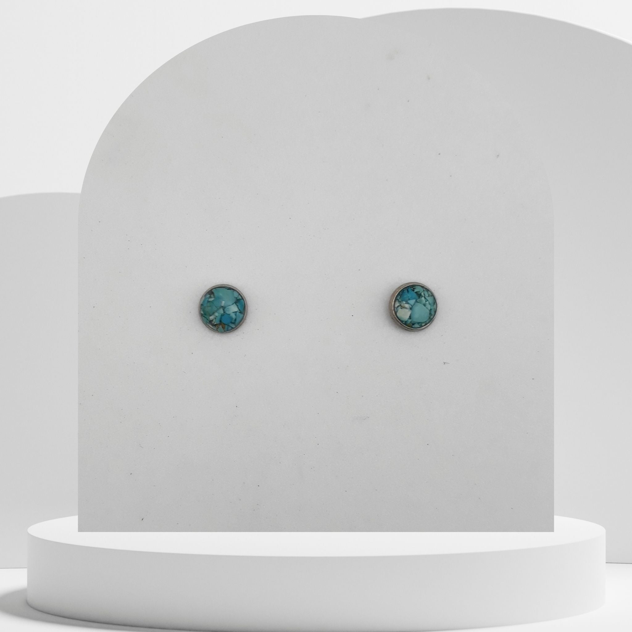 7mm stainless steel stud earrings with crushed natural turquoise gemstones sealed in glossy resin bezel setting