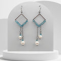 Handmade stainless steel triangle dangle earrings with turquoise beads and freshwater pearls on chain