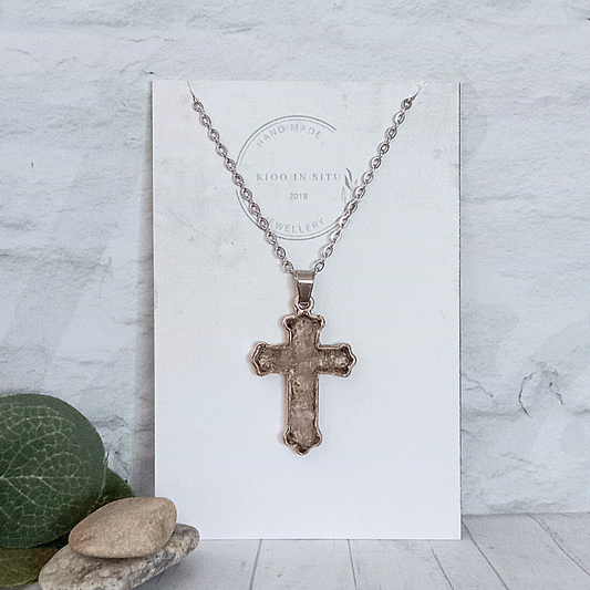 This Gorgeous Pink Aura Quartz Cross Necklace is made from natural Pink Aura Quartz Crystals. Unique Hand Crafted.