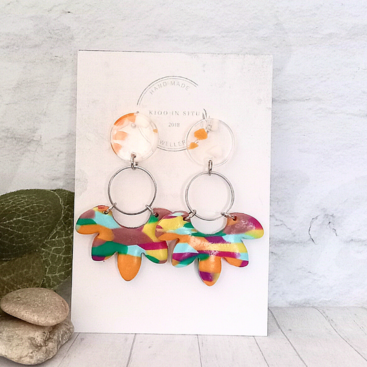 Elevate your style with these Unique handmade vibrant multi-color polymer clay earrings, featuring stylish round Perspex ear studs.