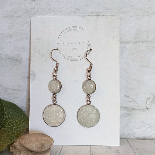 These stunning earrings feature unique handmade stainless steel rounds 8 and 15 mm set with raw clear quartz crystals, suspended from shepherd stainless steel ear hooks. 