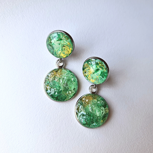 Elevate your style with our Raw Fluorite Gemstone Drop Earrings, showcasing captivating hues of greens.